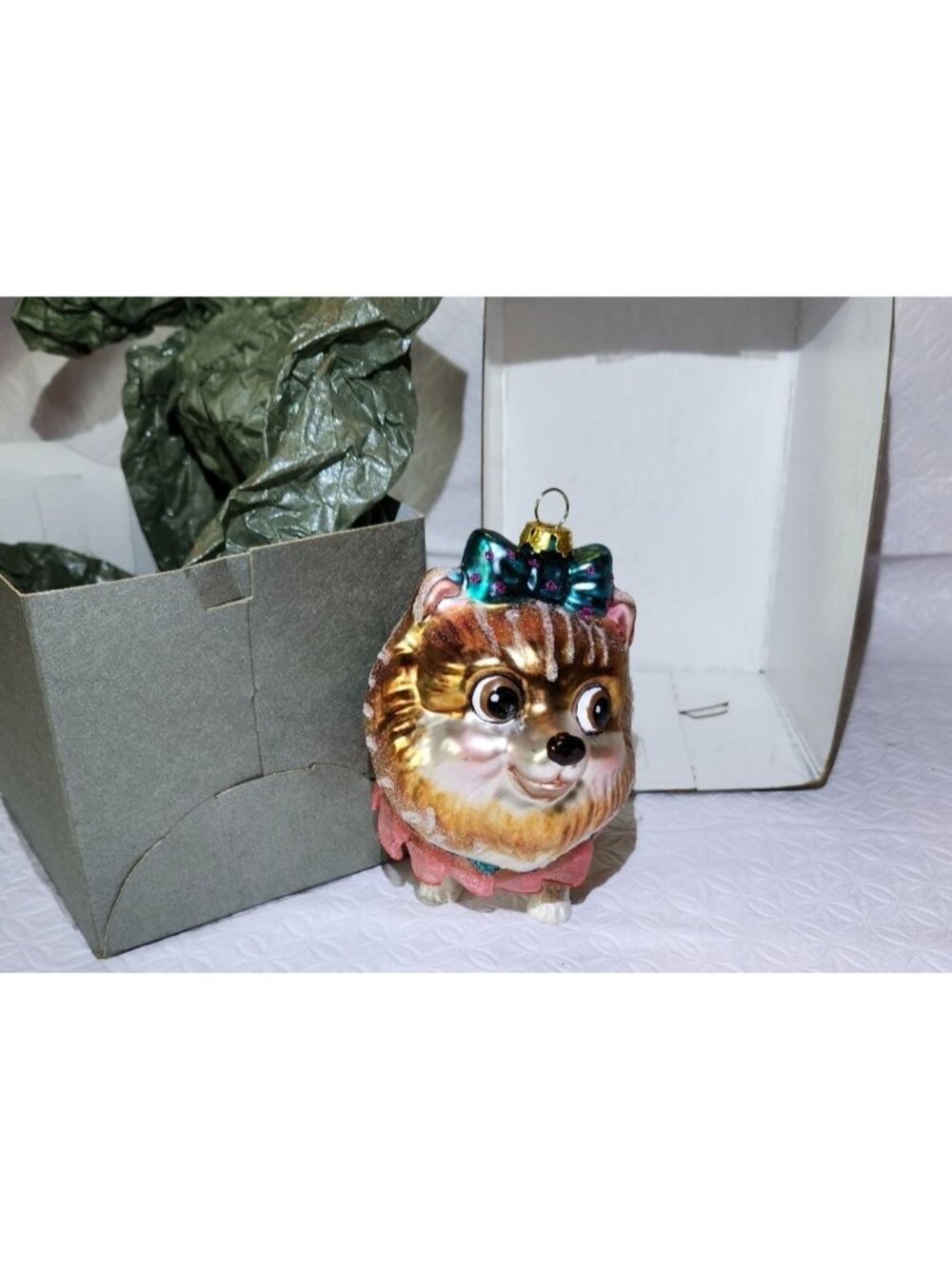 Stanley Pomeranian Glass Ornament With Hand-Painted Details & Festive Bow 4 Inch